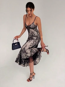 Firerie Women's Summer Elegant Sexy Lace Spaghetti Strap Dress - Black - View 8