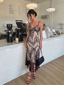 Firerie Women's Summer Elegant Sexy Lace Spaghetti Strap Dress - Black - View 5