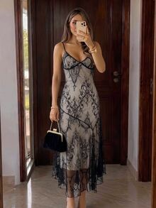 Firerie Women's Summer Elegant Sexy Lace Spaghetti Strap Dress - Black - View 2