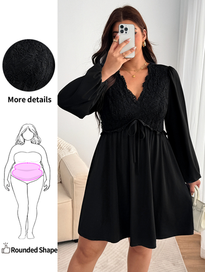 Enliva Plus Size Women's Black Long Sleeve Mini Dress, V Neck Lace Panel Empire Waist Tie Front Loose Dress Compatible With Apple Shape Fall