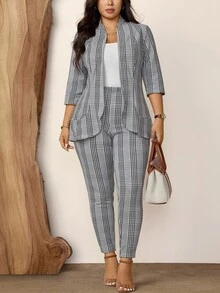 Comfylo Plus Size Women 2pcs Plaid Print Casual Elegant Workwear Office Evening Suit Jacket And Pants Set Summer Outfit Business Grey - Multicolor - View 4