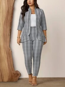 Comfylo Plus Size Women 2pcs Plaid Print Casual Elegant Workwear Office Evening Suit Jacket And Pants Set Summer Outfit Business Grey - Multicolor - View 3