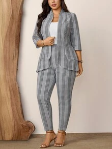 Comfylo Plus Size Women 2pcs Plaid Print Casual Elegant Workwear Office Evening Suit Jacket And Pants Set Summer Outfit Business Grey - Multicolor - View 8