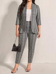 Comfylo Plus Size Women 2pcs Plaid Print Casual Elegant Workwear Office Evening Suit Jacket And Pants Set Summer Outfit Business Grey - Multicolor - View 2