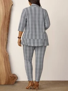 Comfylo Plus Size Women 2pcs Plaid Print Casual Elegant Workwear Office Evening Suit Jacket And Pants Set Summer Outfit Business Grey - Multicolor - View 5