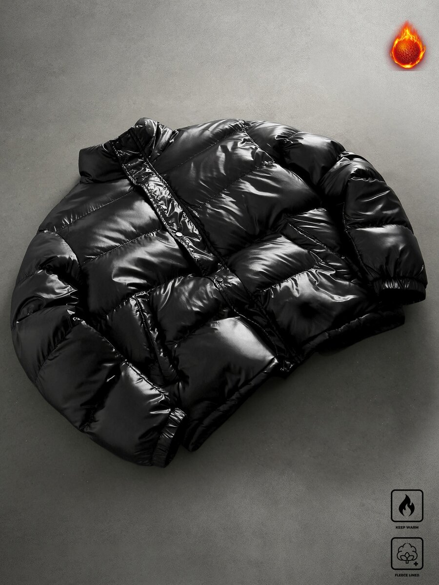 Manfinity Roghcode Men's Solid Color Casual All-Match Streetwear Versatile Goth Winter Padded Coat Vacation Club Black - Black - View 1