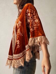 Bohemela Women's Floral Pattern Lace Patchwork Casual Vintage Boho Versatile Daily Outerwear Breakfast Everyday Traveling Beige Autumn - Orange - View 5