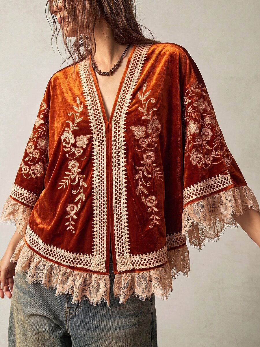 Bohemela Women's Floral Pattern Lace Patchwork Casual Vintage Boho Versatile Daily Outerwear Breakfast Everyday Traveling Beige Autumn - Orange - View 1