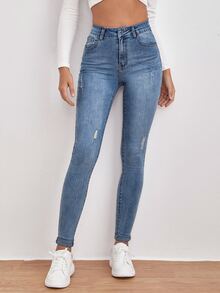 EMERY ROSE Women's Casual & Versatile Skinny Jeans With Ripped Pockets Winter - Blue - View 3