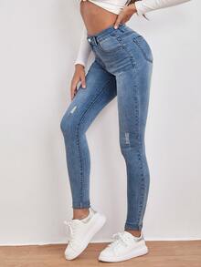 EMERY ROSE Women's Casual & Versatile Skinny Jeans With Ripped Pockets Winter - Blue - View 1
