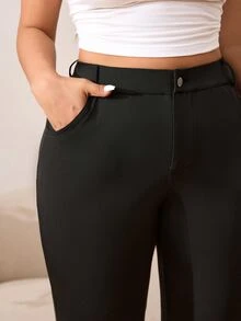 SHEIN CURVE+ بنطلون طويل نسائي أنيق وضيق المقاس الكبير، ربيع/صيف - الأسود - مشاهدة 9