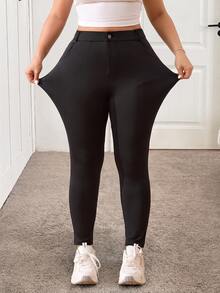 SHEIN CURVE+ بنطلون طويل نسائي أنيق وضيق المقاس الكبير، ربيع/صيف - الأسود - مشاهدة 12