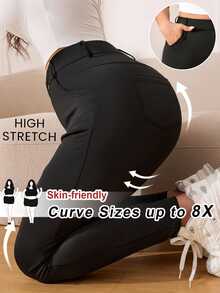 SHEIN CURVE+ بنطلون طويل نسائي أنيق وضيق المقاس الكبير، ربيع/صيف - الأسود - مشاهدة 11
