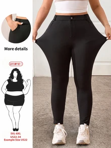 SHEIN CURVE+ بنطلون طويل نسائي أنيق وضيق المقاس الكبير، ربيع/صيف - الأسود - مشاهدة 2