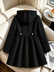 SHEIN 少女冬季純色長袖單排扣休閒連帽大衣 - 黑色 - 查看 6