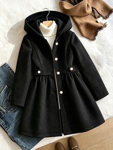 SHEIN 少女冬季純色長袖單排扣休閒連帽大衣 - 黑色 - 查看 3