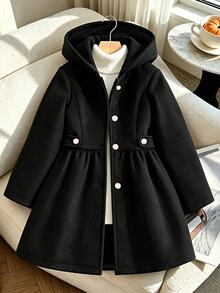SHEIN 少女冬季純色長袖單排扣休閒連帽大衣 - 黑色 - 查看 4