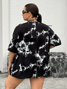 SHEIN CURVE+ 大码女式深V领短袖扎染性感T恤，适合约会、派对和其他场合 - 黑色 - 查看 2