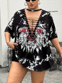 SHEIN CURVE+ 大码女式深V领短袖扎染性感T恤，适合约会、派对和其他场合 - 黑色 - 查看 4