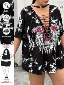 SHEIN CURVE+ 大码女式深V领短袖扎染性感T恤，适合约会、派对和其他场合 - 黑色 - 查看 7