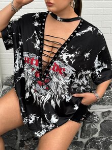 SHEIN CURVE+ 大码女式深V领短袖扎染性感T恤，适合约会、派对和其他场合 - 黑色 - 查看 5