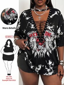 SHEIN CURVE+ 大码女式深V领短袖扎染性感T恤，适合约会、派对和其他场合 - 黑色 - 查看 1