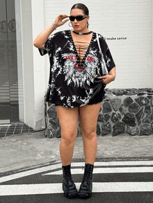 SHEIN CURVE+ 大码女式深V领短袖扎染性感T恤，适合约会、派对和其他场合 - 黑色 - 查看 6
