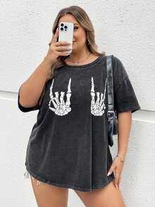 SHEIN CURVE+ Plus Size Women's Dark Green Summer Grunge Goth 90s Everyday Office Concert Skeleton Hand Pattern Short Sleeved T-Shirt Loose Retro Knitted Top - Dark Grey - View 6