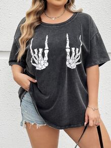 SHEIN CURVE+ Plus Size Women's Dark Green Summer Grunge Goth 90s Everyday Office Concert Skeleton Hand Pattern Short Sleeved T-Shirt Loose Retro Knitted Top - Dark Grey - View 11