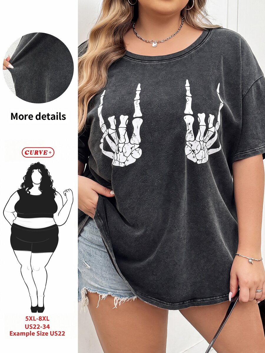 SHEIN CURVE+ Plus Size Women's Dark Green Summer Grunge Goth 90s Everyday Office Concert Skeleton Hand Pattern Short Sleeved T-Shirt Loose Retro Knitted Top - Dark Grey - View 1