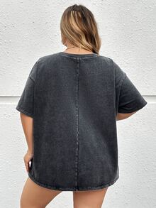 SHEIN CURVE+ Plus Size Women's Dark Green Summer Grunge Goth 90s Everyday Office Concert Skeleton Hand Pattern Short Sleeved T-Shirt Loose Retro Knitted Top - Dark Grey - View 8