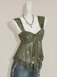 SHEIN ICON Vintage Boho Print Asymmetrical Hem Mesh Trim Women Tank Top Vacation Green Floral Summer - Green - View 8
