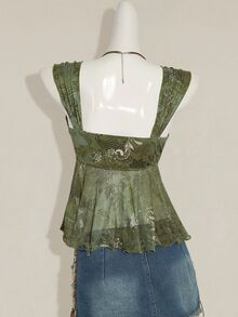 SHEIN ICON Vintage Boho Print Asymmetrical Hem Mesh Trim Women Tank Top Vacation Green Floral Summer - Green - View 3