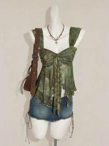 SHEIN ICON Vintage Boho Print Asymmetrical Hem Mesh Trim Women Tank Top Vacation Green Floral Summer - Green - View 6