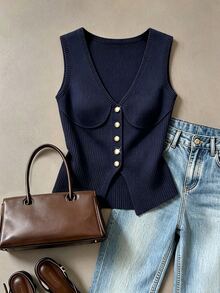Franclia Plus Size Women Navy Blue Ribbed Knit Tank Top Deep V-Neck Gold Button Front Sleeveless Fitted Cropped Camisole Casual Commute Wedding Guest Summer - Navy Blue - View 1