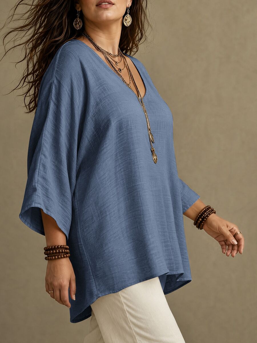 Ceyna Plus Size Women French Casual Elegant V-Neck 3/4 Sleeve Blouse - Baby Blue - View 1