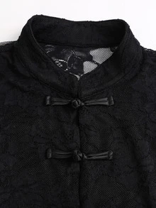 Sweetra Women's Autumn/Winter Elegant Black Blouse Party Lace Fabric Flared Asymmetrical Mid-Sleeve Frog Button Decor Cinched Waist Short. Chinese Style. - Black - View 7