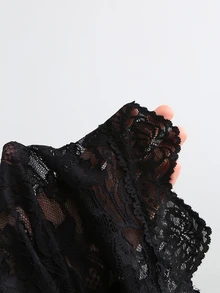 Sweetra Women's Autumn/Winter Elegant Black Blouse Party Lace Fabric Flared Asymmetrical Mid-Sleeve Frog Button Decor Cinched Waist Short. Chinese Style. - Black - View 6