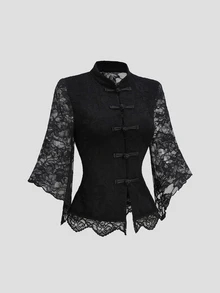 Sweetra Women's Autumn/Winter Elegant Black Blouse Party Lace Fabric Flared Asymmetrical Mid-Sleeve Frog Button Decor Cinched Waist Short. Chinese Style. - Black - View 4