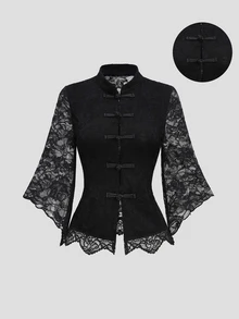 Sweetra Women's Autumn/Winter Elegant Black Blouse Party Lace Fabric Flared Asymmetrical Mid-Sleeve Frog Button Decor Cinched Waist Short. Chinese Style. - Black - View 1