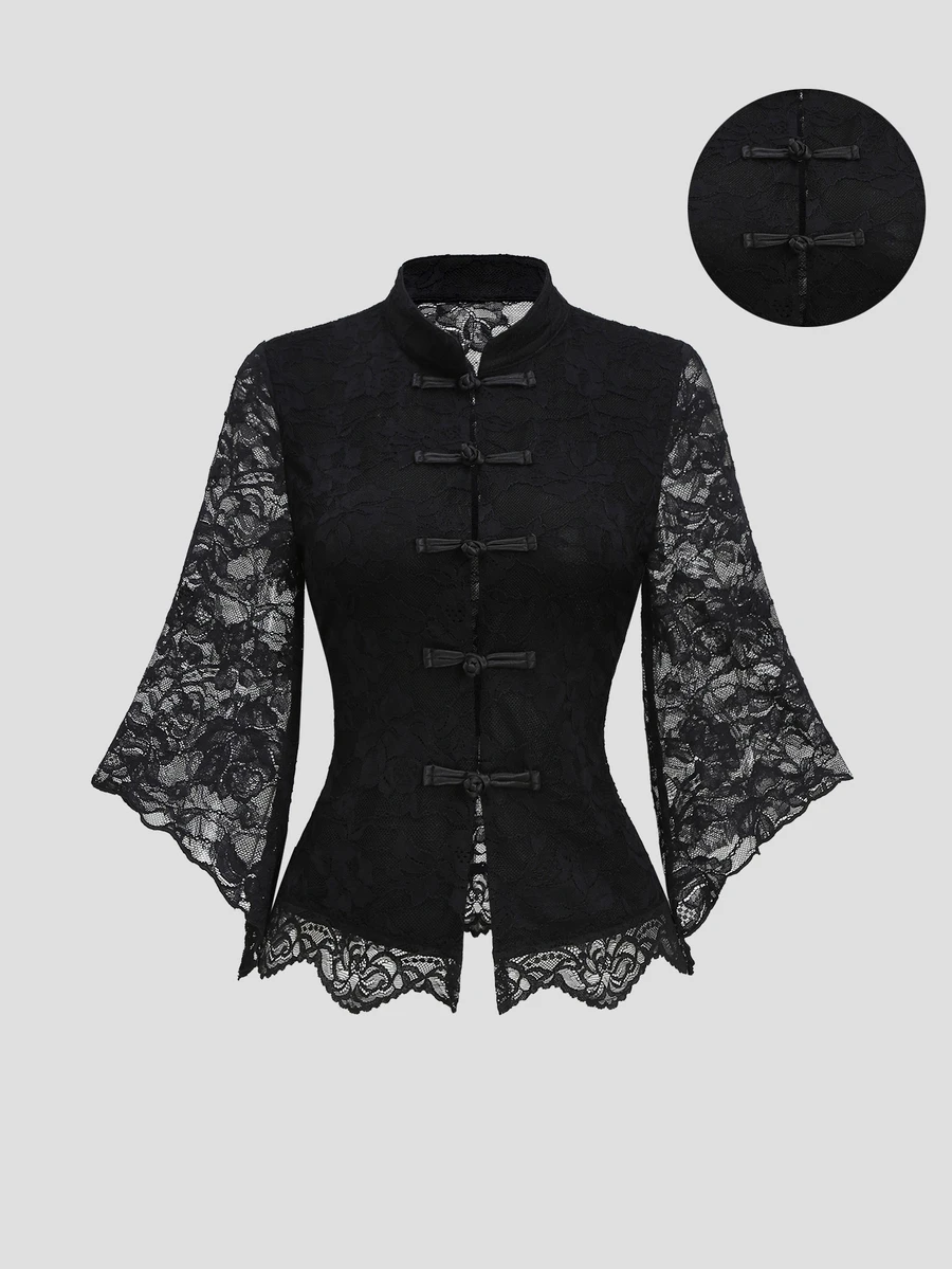Sweetra Women's Autumn/Winter Elegant Black Blouse Party Lace Fabric Flared Asymmetrical Mid-Sleeve Frog Button Decor Cinched Waist Short. Chinese Style. - Black - View 1