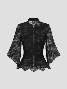 Sweetra Women's Autumn/Winter Elegant Black Blouse Party Lace Fabric Flared Asymmetrical Mid-Sleeve Frog Button Decor Cinched Waist Short. Chinese Style. - Black - View 2