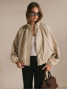 Poéselle Women's Beige Oversized Bomber Jacket – Lightweight Zip-Front Funnel-Neck Jacket With Raglan Sleeve Sleeves And Elastic Cuffs Women Fall Winter Jacket Chic - Apricot - View 3