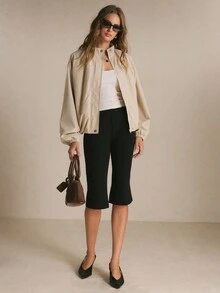 Poéselle Women's Beige Oversized Bomber Jacket – Lightweight Zip-Front Funnel-Neck Jacket With Raglan Sleeve Sleeves And Elastic Cuffs Women Fall Winter Jacket Chic - Apricot - View 6