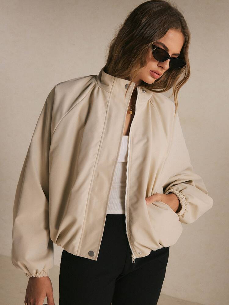 Poéselle Women's Beige Oversized Bomber Jacket – Lightweight Zip-Front Funnel-Neck Jacket With Raglan Sleeve Sleeves And Elastic Cuffs Women Fall Winter Jacket Chic - Apricot - View 2