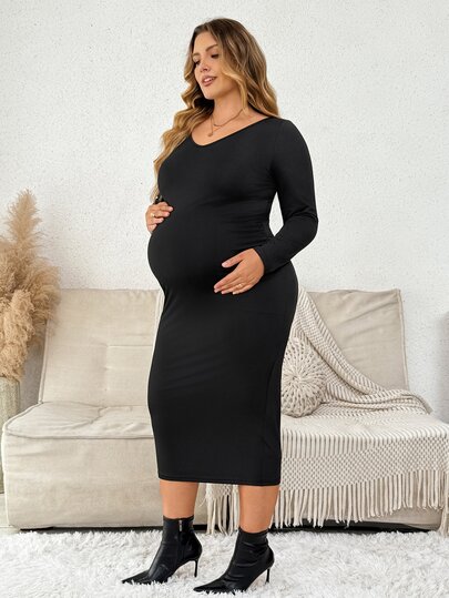 Plussiva Plus Size Solid Color Versatile Long Sleeve Maternity Dress For Daily Wear