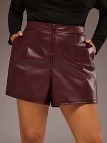 Freevana Women Burgundy PU Faux Leather Shorts High Waisted Front Zipper Wide Leg Casual Fall Bottoms - Burgundy - View 3