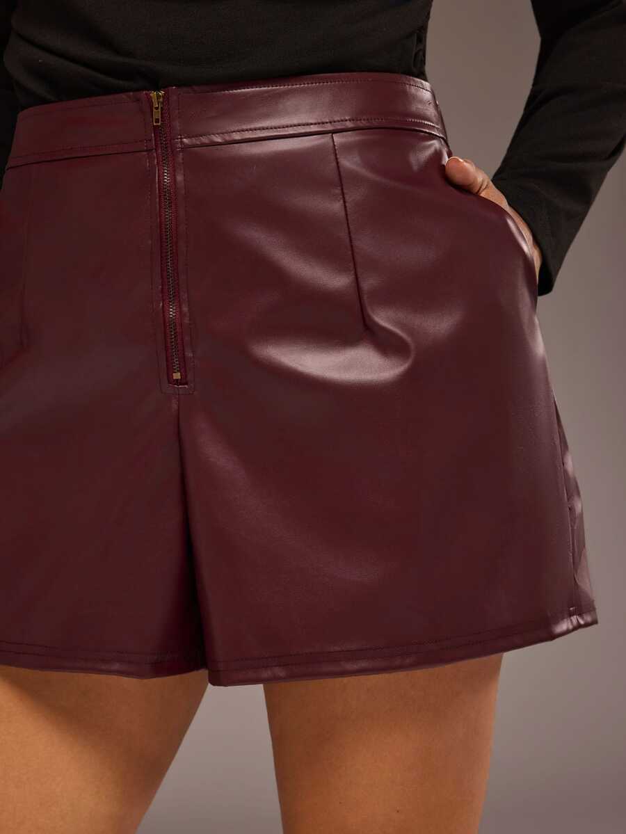 Freevana Women Burgundy PU Faux Leather Shorts High Waisted Front Zipper Wide Leg Casual Fall Bottoms - Burgundy - View 1