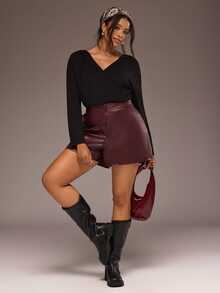 Freevana Women Burgundy PU Faux Leather Shorts High Waisted Front Zipper Wide Leg Casual Fall Bottoms - Burgundy - View 7