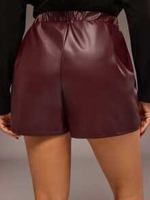 Freevana Women Burgundy PU Faux Leather Shorts High Waisted Front Zipper Wide Leg Casual Fall Bottoms - Burgundy - View 2